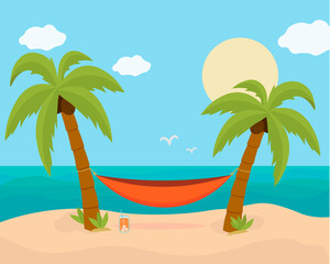 Fototapeta na wymiar Hammock with palm trees on the beach. Tropical background with the sea. Vector flat design.