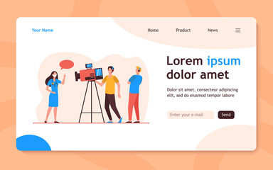 Cameramen taking video of medical expert. Doctor speaking at camera. Flat vector illustration. Epidemic, awareness, disease prevention concept for banner, website design or landing web page