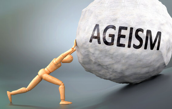 Ageism and painful human condition, pictured as a wooden human figure pushing heavy weight to show how hard it can be to deal with Ageism in human life, 3d illustration