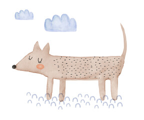 Watercolor Painting with Cute Brown Dog. Nursery Art with Funny Dog and Blue Clouds on a White Background. Lovely Print ideal for Card, Wall Art, Poster, Kids Room Decoration. 