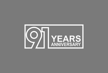 91 years anniversary logotype with white color outline in square isolated on grey background. vector can be use for company celebration purpose