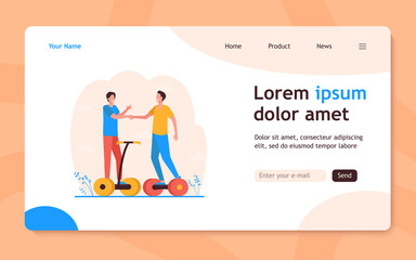 Happy male friends shaking hands. Guys riding hoverboards, meeting outside. Flat vector illustration. Urban electric transport, active lifestyle concept for banner, website design or landing web page