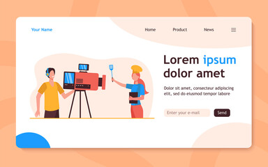 Cooking blogger taking video workshop. Chef, cameraman, camera, studio. Flat vector illustration. Cooking TV show, online training shooting concept for banner, website design or landing web page