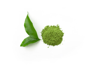 green tea powder matcha tea on white isolated background, top view