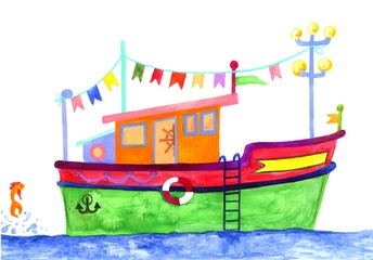 a watercolor cheerful bright colorful cartoon boat with hanging garlands and a steering wheel on the sea and a goldfish with splashes of water