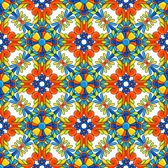 Mexican talavera ceramic tile seamless pattern. Decoration with ornamental flowers. Background with mexican talavera pattern. Decoration with ornamental flowers.