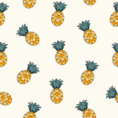 Seamless vector pattern with cute hand drawn pineapples isolated on yellow background. Fun summer ornament. Tropical fruit texture for wrapping paper, textile, print, fabric, wallpaper, print, gift.