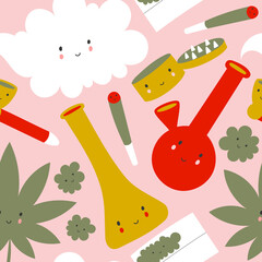 Seamless pattern with cute kawaii cannabis leaves and tools for smoking marijuana on pink background.