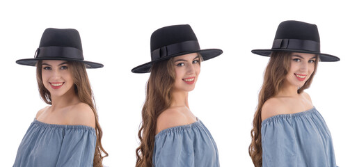 Blonde girl in a straw hat on a white background. Feminine hats made from natural materials