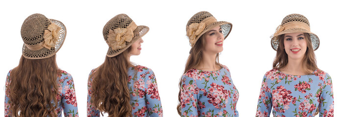 Blonde girl in a straw hat on a white background. Feminine hats made from natural materials