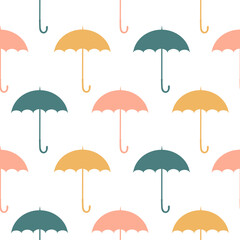 Fototapeta na wymiar Seamless vector pattern with cute hand drawn umbrella. Fun seasonal background for kids room decor, fashion, nursery art, package, wrapping paper, textile, print, fabric, wallpaper, card, gift.