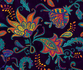 Paisley watercolor floral pattern tile: flowers, flores, tulips, leaves. Oriental indian traditional hand painted water color whimsical seamless print, ceramic design. Abstract india batik background