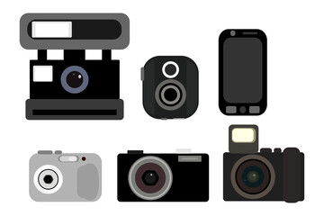 Photo cameras set different generations and mobile phone