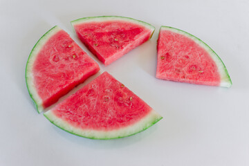 Slices of watermelon on a white background, top view