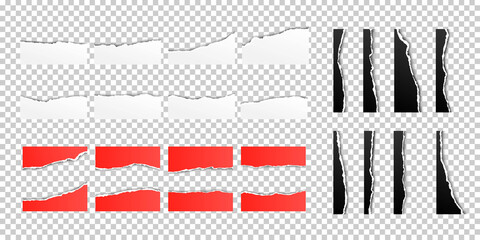 Vector illustration. Torn paper effect. Decorative realistic concept. Cut paper on transparent background. Design elements for poster, magazine, layout, flyer, social media, web template, leaflet