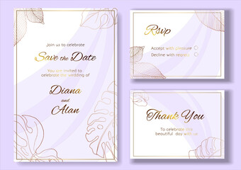 Gold leaves. Wedding invitation template with text