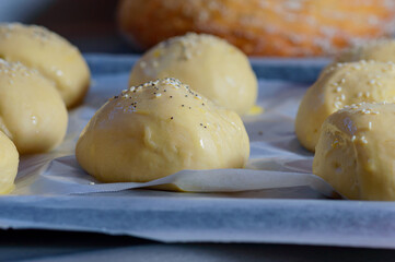Home baking artisan brioche burger buns. Cooking bread.