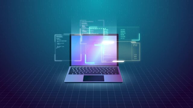 Technology animation of laptop. Software, coding, web development, programming concept. Abstract programming language and program code on screen. Internet page or web interface. looped 3d footage