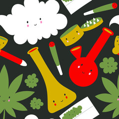 Seamless vector pattern with cute kawaii cannabis leaves and tools for smoking marijuana on green background.