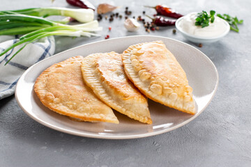 Homemade chebureks with stuffing and herbs, traditional Caucasian cuisine