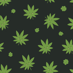 Seamless vector pattern with cute kawaii cannabis leaves and buds on green background.