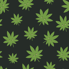 Seamless vector pattern with cute kawaii cannabis leaves on green background.