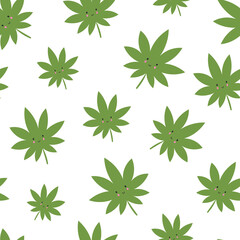 Seamless vector pattern with cute kawaii cannabis leaves on white background.