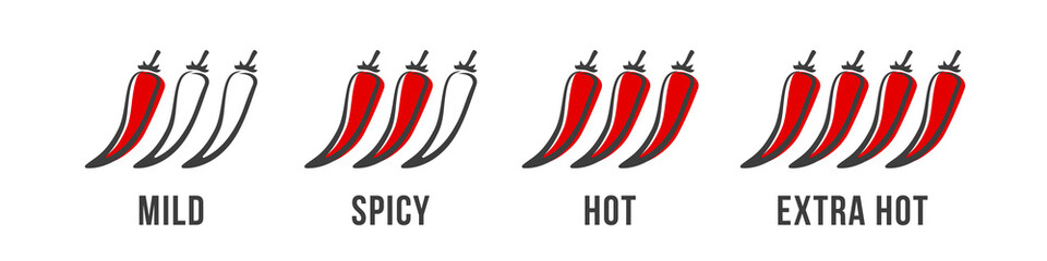 Pepper icons, chili spicy hot levels of chilli medium to red hot, vector food labels. Chili pepper spicy icons for fast food or burgers sauce menu - 431786923