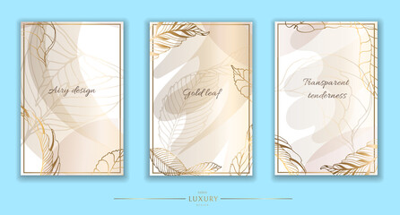 Gold frame. Set of gilded leaves and twigs and spots. Contemporary dotted design. Vector illustration.