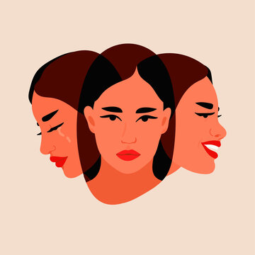 Three faces, one person. Three different personalities of one woman. Split Personality, bipolar disorder, mood, various emotions, mind Mental, psycho therapy concept. Abstract Vector illustration 