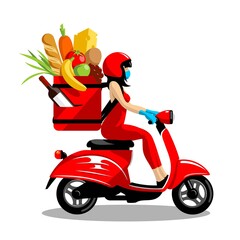 Fototapeta na wymiar Delivery of food and drinks girl on a red scooter on a white background in vector EPS8