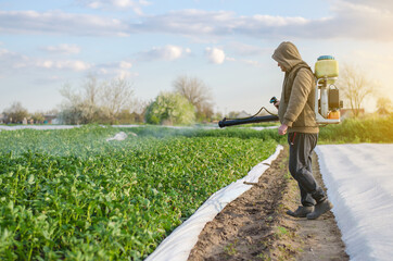 A farmer with a mist sprayer sprays fungicide and pesticide on potato bushes. Protection of...