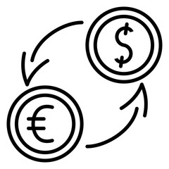 Exchange currency in the bank. Exchange dollar on the euro and on the contrary. Payment by any currency. Vector icon, isolated, Outline.