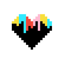 Fototapeta na wymiar Black heart with colorful stripes, pixel art, print for design of t-shirts, clothes, pillows, paintings and more