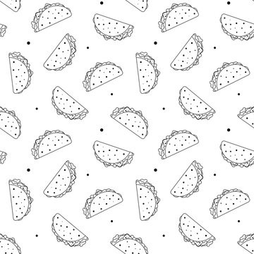 Seamless black and white pattern with outline mexican tacos in tortilla. Vector illustration in flat cartoon style
