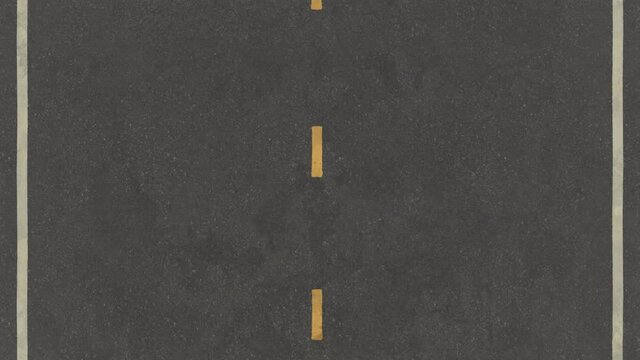 The camera moves slowly along a concrete road with white and yellow markings. Seamless loop.
