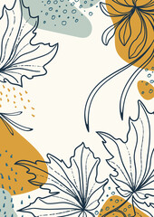 Abstract organic vector shapes, leaves, branch, plants. Natural elements in doodle style for template, cover, poster, greeting card, frame, background. Modern graphics for business, holiday. 
