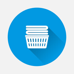 Vector icon of laundry basket icon on blue background. Flat image with long shadow.