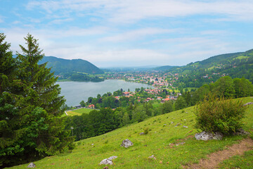 idyllic view from high trail to Schliersee lake and tourist resort, upper bavaria