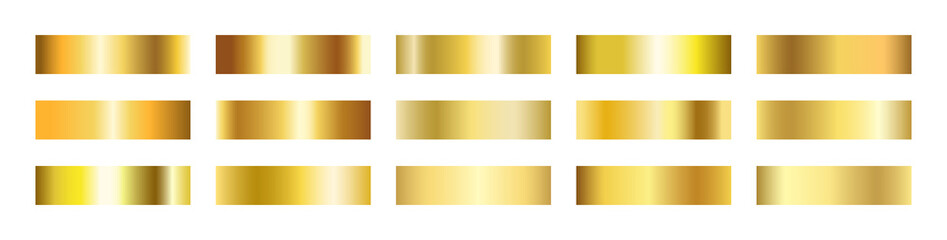 Gold gradient set. Golden foil brass material. Copper paper sheet plate. Shine yellow border. Luxury design for award, medal, win. Steel frame. Vector illustration