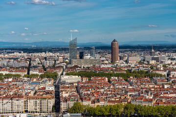 Lyon cityscape from Saone river with colorful houses and river, France, Europe