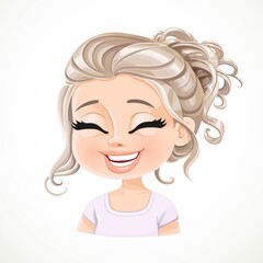 Beautiful happy pearl blond girl with long wavy hair bunched portrait isolated on white background