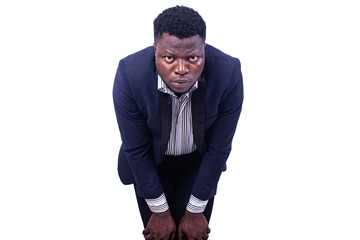 young tired businessman keeping hands on knees.