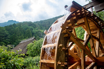 The mill wheel rotates under a stream of water, open air museum at village with traditional thatched roofed houses - obrazy, fototapety, plakaty