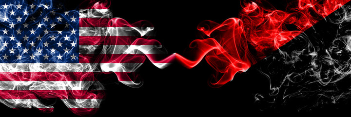 United States of America, America, US, USA, American vs Anarchist, Anarcho, Syndicalist, Communist, Socialist smoky mystic flags placed side by side. Thick colored silky abstract smoke flags.