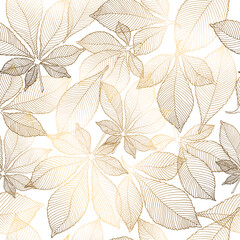 Gold flowers pattern. Seamless pattern with golden chestnut leaves. Vector graphics.