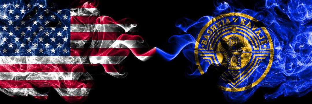 United States of America, America, US, USA, American vs Albania, Flamuri, Bashkise, Kavaje, state smoky mystic flags placed side by side. Thick colored silky abstract smoke flags.