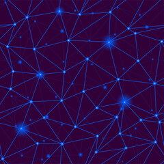 Blue polygonal network grid seamless pattern. Abstract Modern Technology line background, wallpaper. Triangle low poly concept design. Digital data vector structure. Science, tech, neural, cyber print