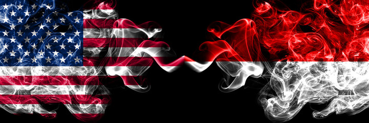 United States of America, America, US, USA, American vs Germany Hesse, civil, region smoky mystic flags placed side by side. Thick colored silky abstract smoke flags.