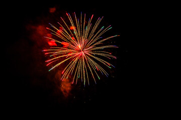 night fireworks during the summer festival of lights on the old Danube. Lichterfest, Vienna, Austria. Isolated on black background